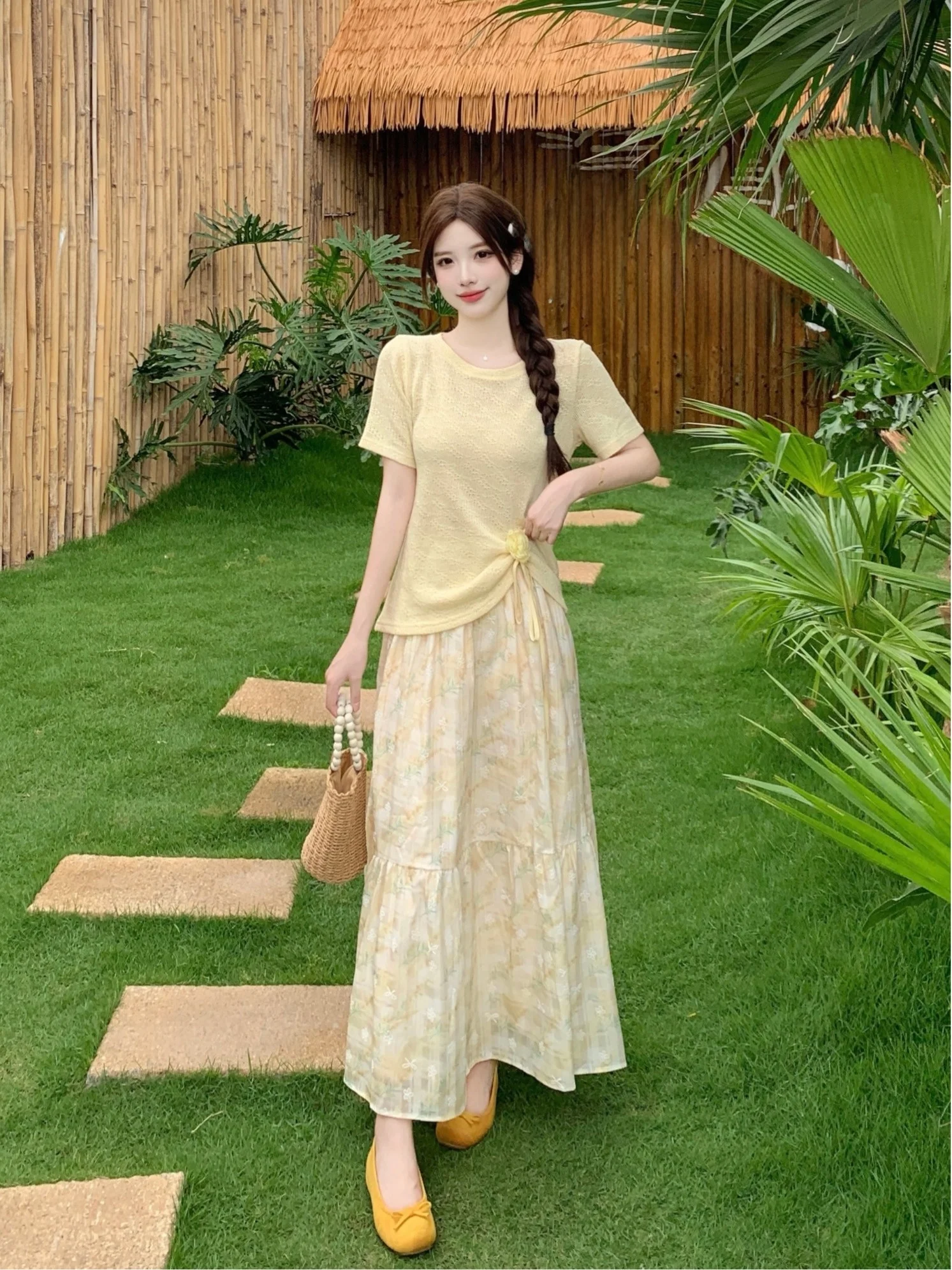 

plus Size Summer Floral Print Short Sleeve Top And Skirt Set Women's Clothing Casual Style Korean Fashion plus Size Outfit