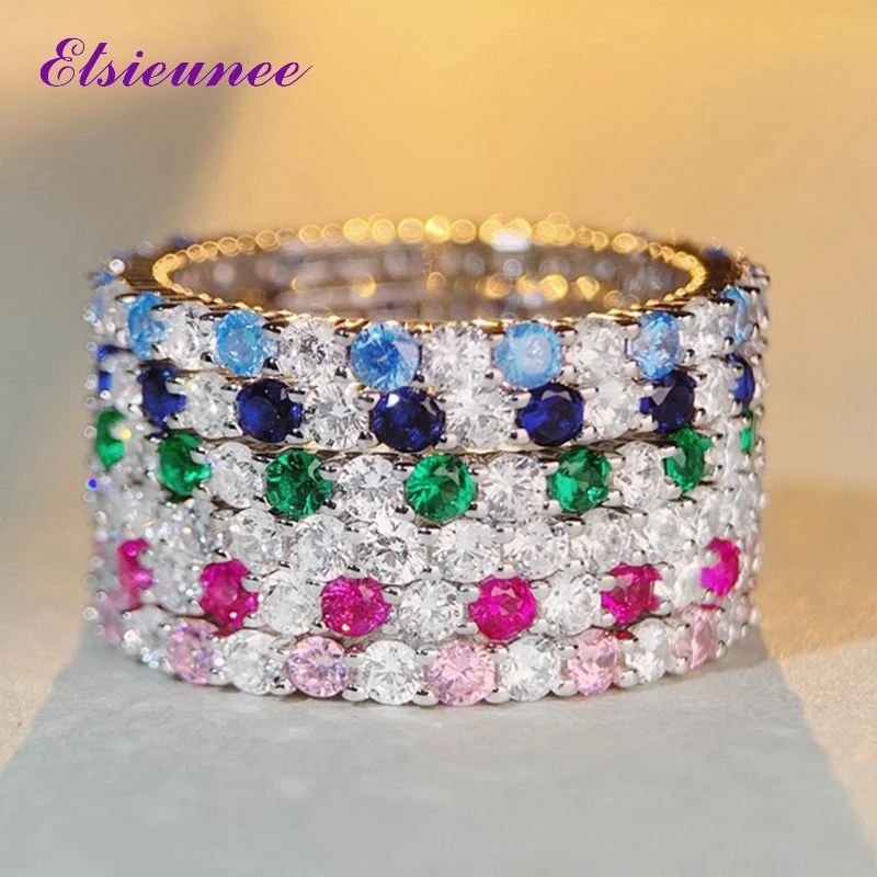 ELSIEUNEE 100% 925 Sterling Silver 0.2CT Round Cut Sapphire Emerald Diamonds Wedding Bands Engagement Ring Fine Jewelry Gifts