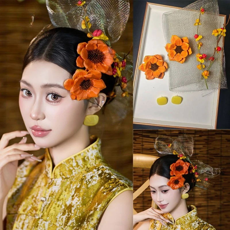 

Китайский антикварный головной убор невесты, куртка с драконом и фениксом, заколка с золотым цветком по бокам, аксессуары для Cheongsam