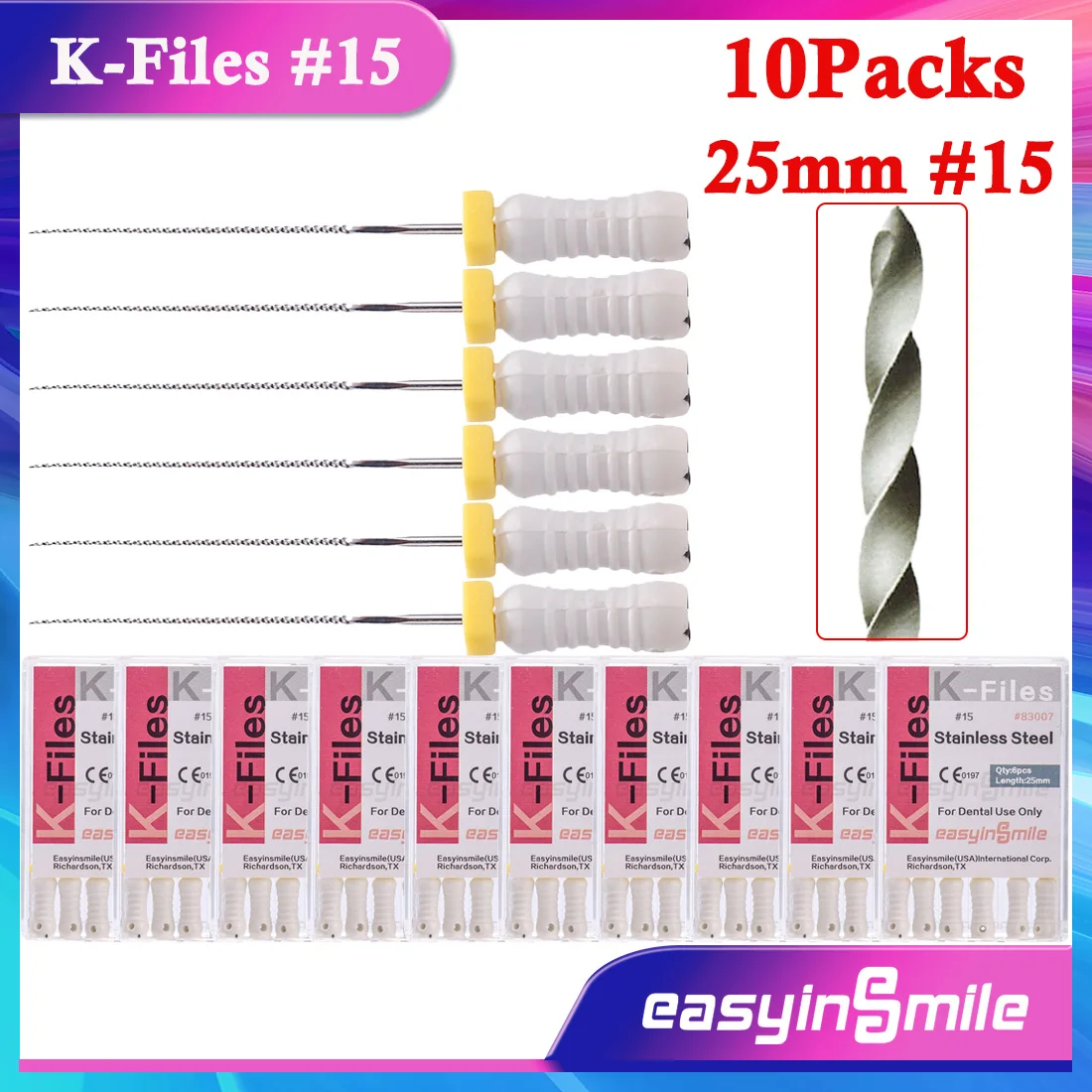 EASYINSMIE 10Packs Dental Endo Root Canal K-Files #15 Hand Use Stainless Steel Endodontic Files 25mm