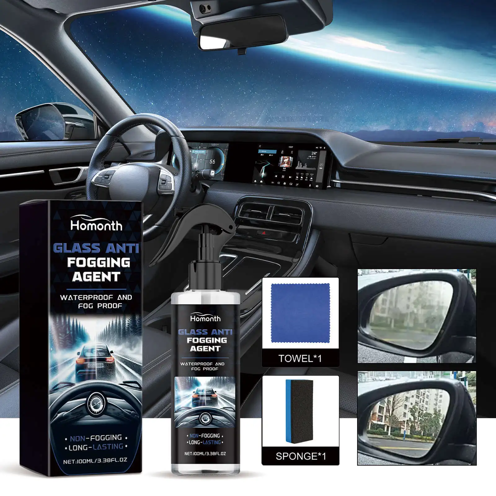 

Car Anti-Fog Spray - Windshield & Mirror Treatment, Hydrophobic Coating, Reduces Fog & Water Drops, Improves Visibility Safely