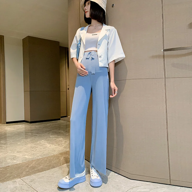 Maternity High Waist Abdomen Pants Wide Leg Loose Prenancy Full Length Belly Pants Summer Thin Cool Trouser For Pregnant Women