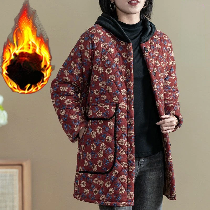 

Winter Floral Print Cotton Coat Vintage Warm Jacket Women Hooded Pocket Windproof Windbreaker Parkas Single-breasted Design Tops