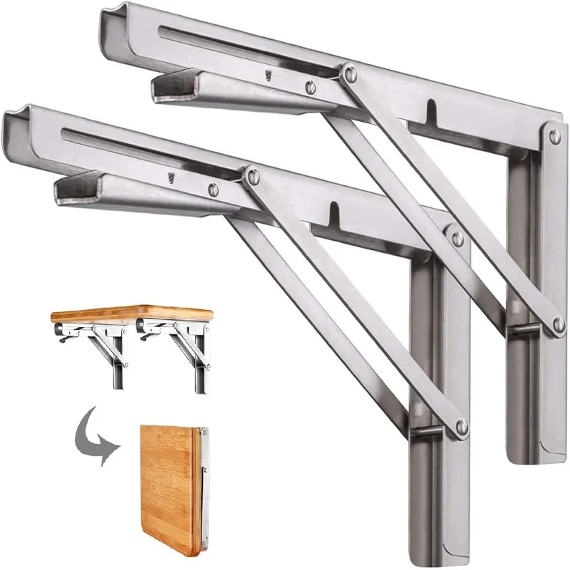 2PCS Stainless Steel Folding Shelf Brackets Heavy Duty Wall Mount Collapsible Table Support Space Saving Hardware