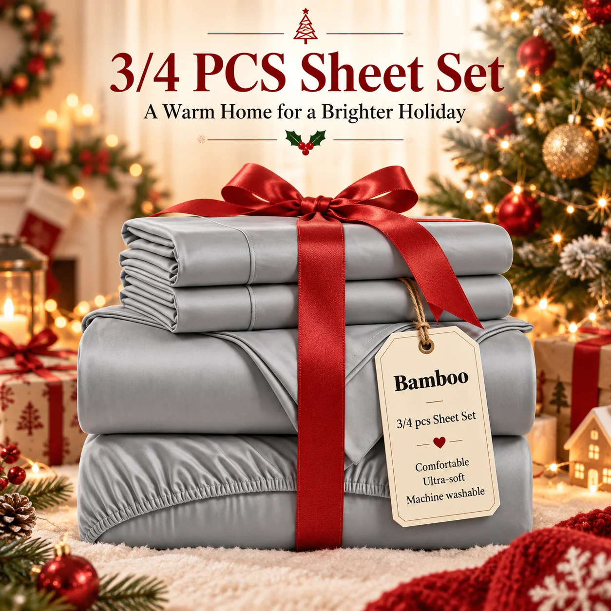 3/4pcs Christmas Themed Luxury Sheet Set, Winter Special Fitted Bedding, Ultra Soft Moisture Wicking Breathable Bed Sheets, 15 Inch Deep Pocket, Multiple Sizes, Random Color, Ideal for Hotel, Guest Room & Bedroom Use