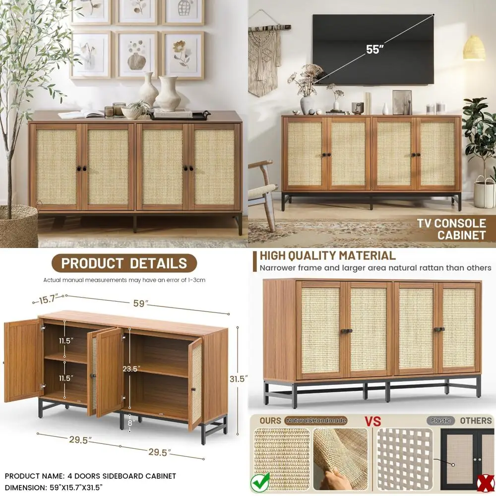 

Mid-Century Modern Walnut Buffet Cabinet with 4 Doors and 5 Large Storage Spaces