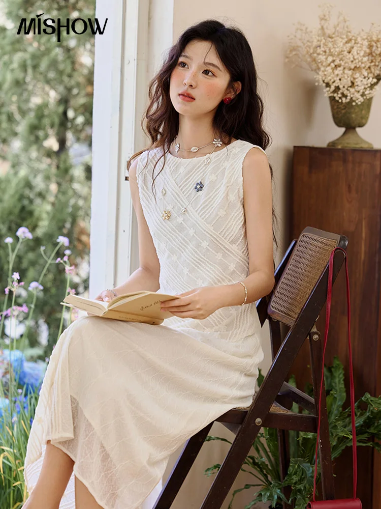 

MISHOW Asymmetric Lace Fishtail Dress 2025 Summer Flower Embroidery Sleeveless Elegant Dress Round Neck Long Dresses MXE35L2301