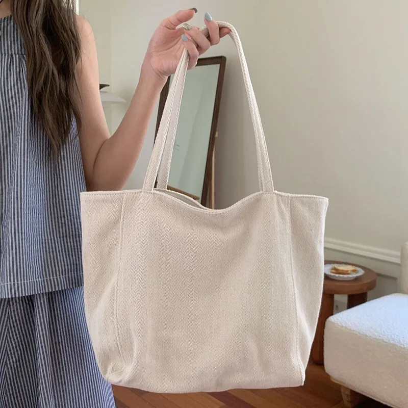 All white large capacity hand-held tote bag twill canvas commuter one shoulder hand-held casual women's bag