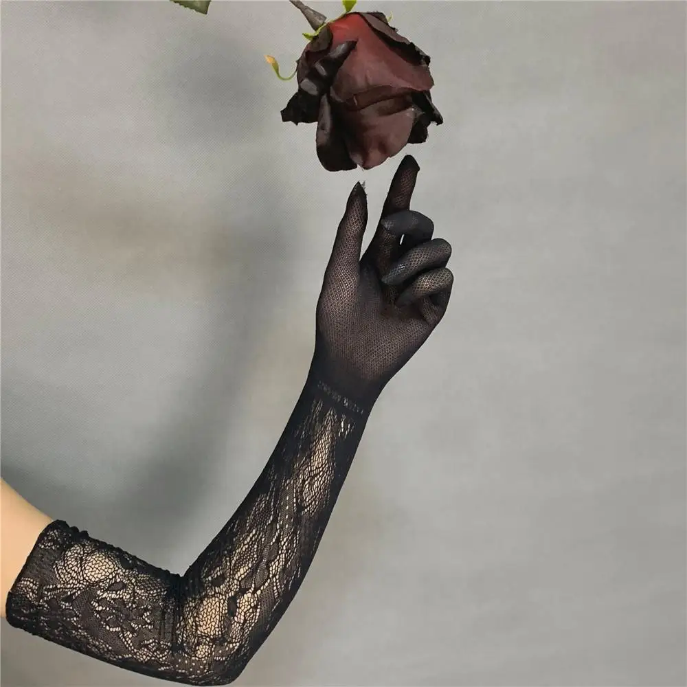 المرأة مثير مرحلة الحفلات الأداء تأثيري JK لوليتا نمط الجوف خارج الصيد صافي الدانتيل الأزهار مرونة عالية قفازات طويلة