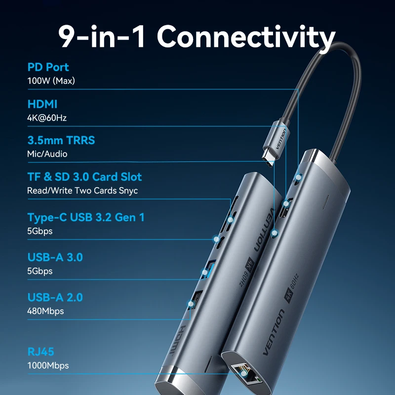 Vention-airies USB Type-C vers HDMI RJ45 Ethernet PD 100W SD TF, 4K 60Hz, pour MacPle, PC, iPad, Samsung, tablette, téléphone