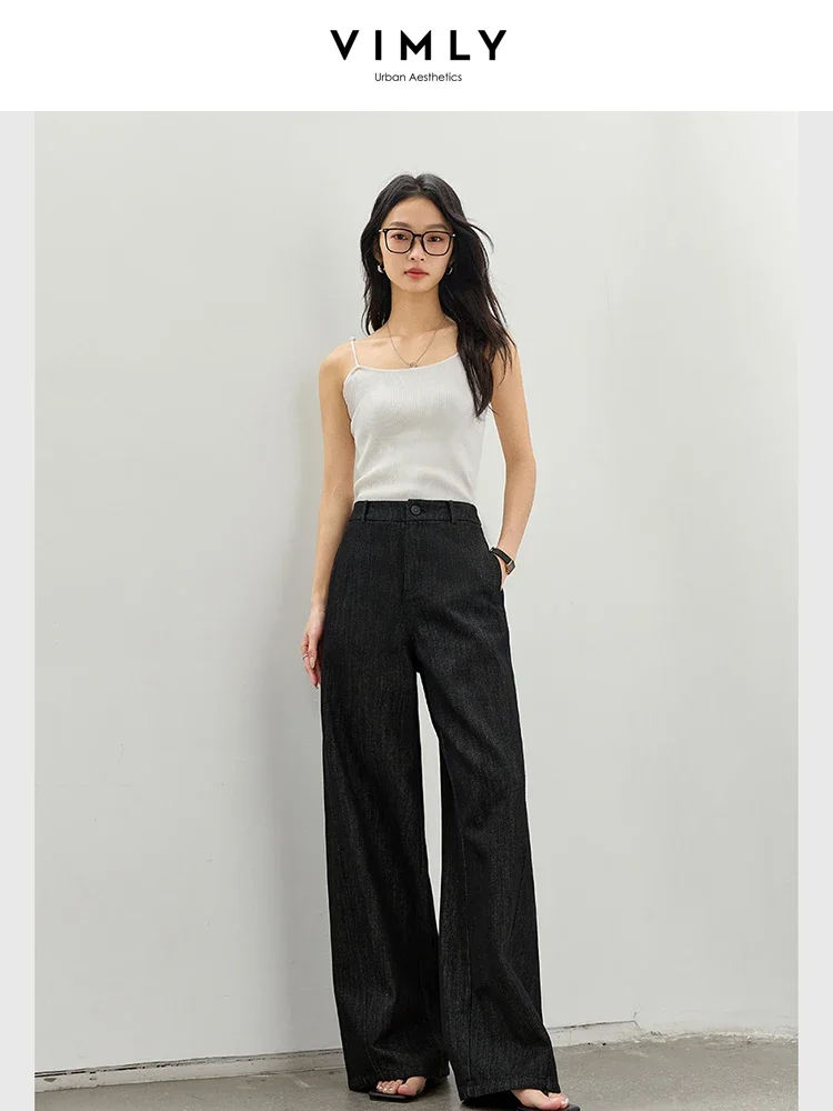 VIMLY جينز نسائي بسيط عالي الخصر وواسع الساق لخريف 2025 سروال فضفاض مستقيم فضفاض مكتب سيدة أسود سراويل جينز A0237 #5