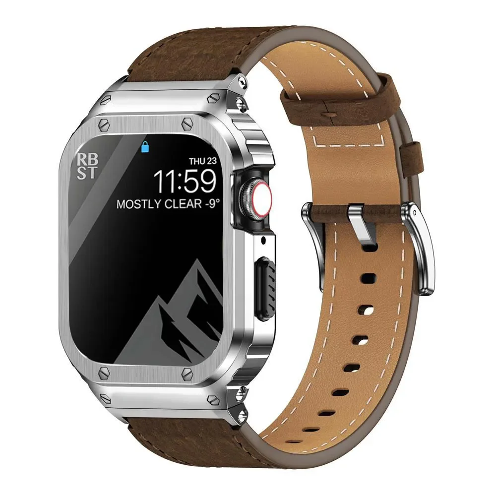 

Metal Case+Genuine Leather Strap For Apple Watch Band 44mm 45mm 40mm 41mm 45 mm bracelet iwatch series se 8 7 6 5 4 ultra 49mm