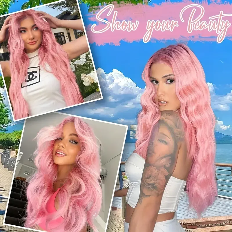 باروكة دانتيل وردية مع موجات جسم طويلة، باروكة صناعية مقاومة للحرارة وخالية من 28 بوصة للحفلات التنكرية النسائية، إلخ