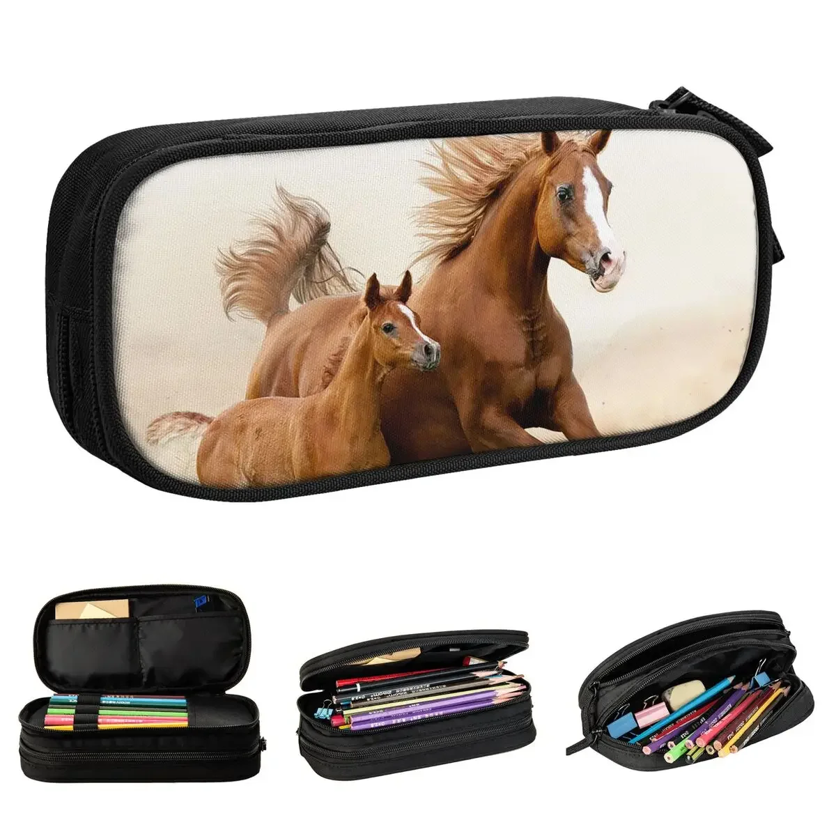 Horse Family Pencil Case New Galloping Animal Lovers Pen Box Bag for Student Large Storage Students School Gifts Pencilcases