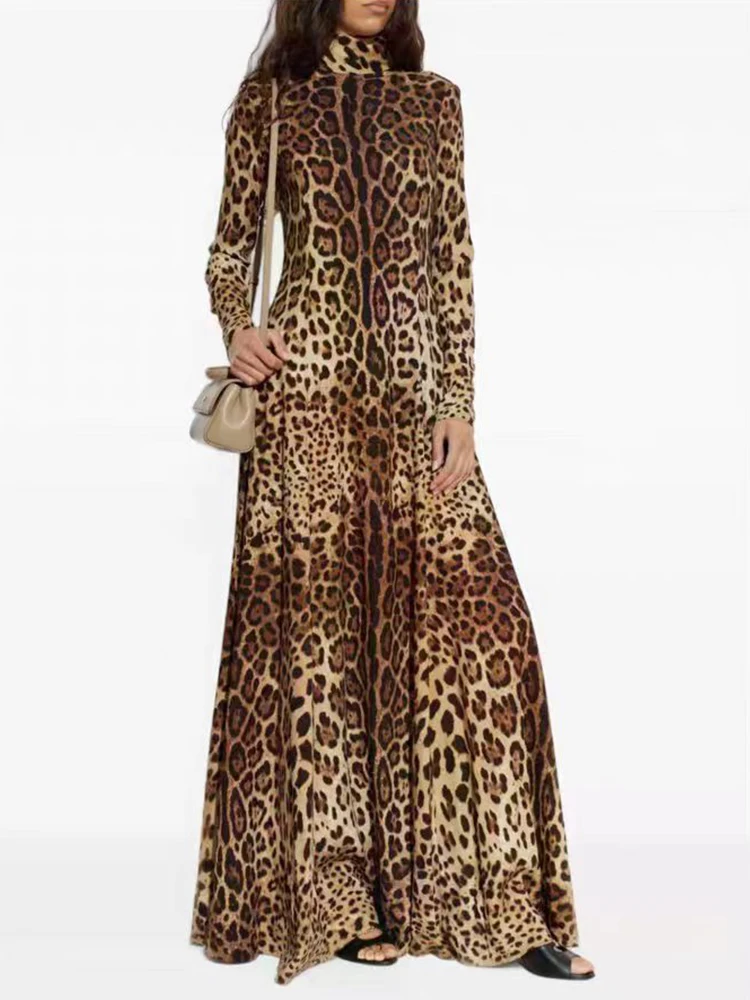 Retro Leopard Print Half Turtle Collar Pullover Waist Knitted Dress 2026 Autumn Women's Clothing Fashion Loose Swing Long Skirt