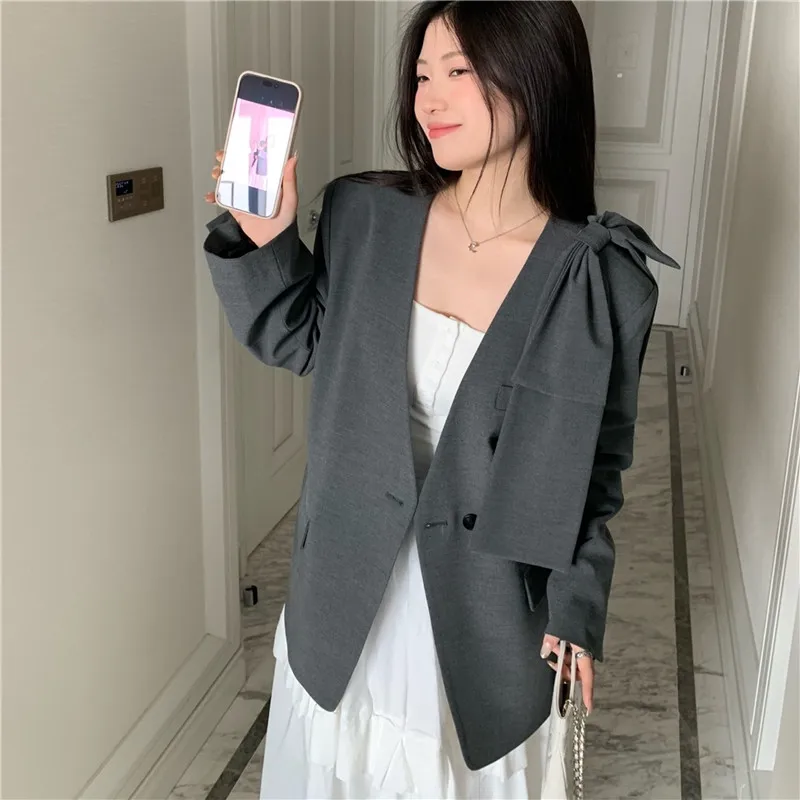 봄 가을 여성 패션 활 장식 회색 정장 재킷 v 넥 싱글 버튼 긴 소매 느슨한 캐주얼 여성 블레이저 코트