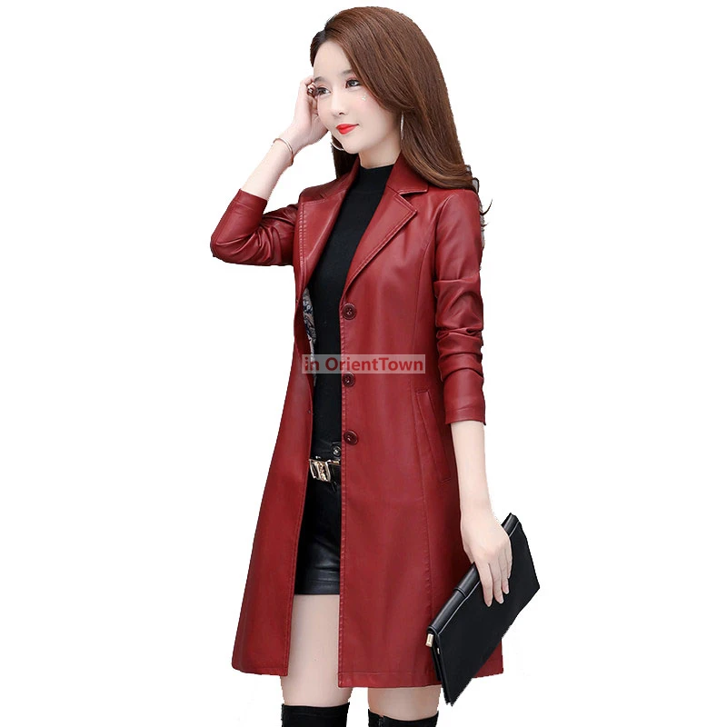 Women Long Leather Coat Casual Style Femme Leather Coat Jaqueta De Couro Feminina turn-down Collar PU Leather Trench