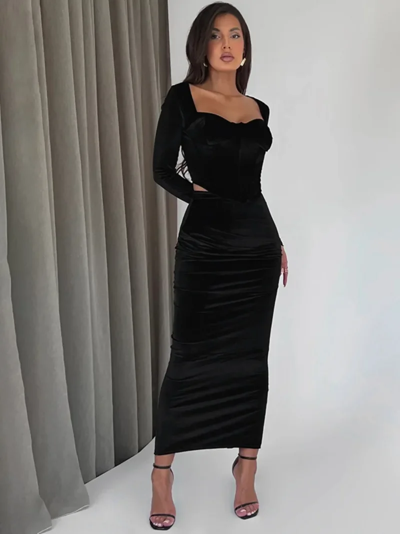 Women's Autumn Square Collar Long Sleeve Crop T-shirt and Long Skirts 2 Piece Matching Sets Velvet Bodycon Evening Dresses Suit