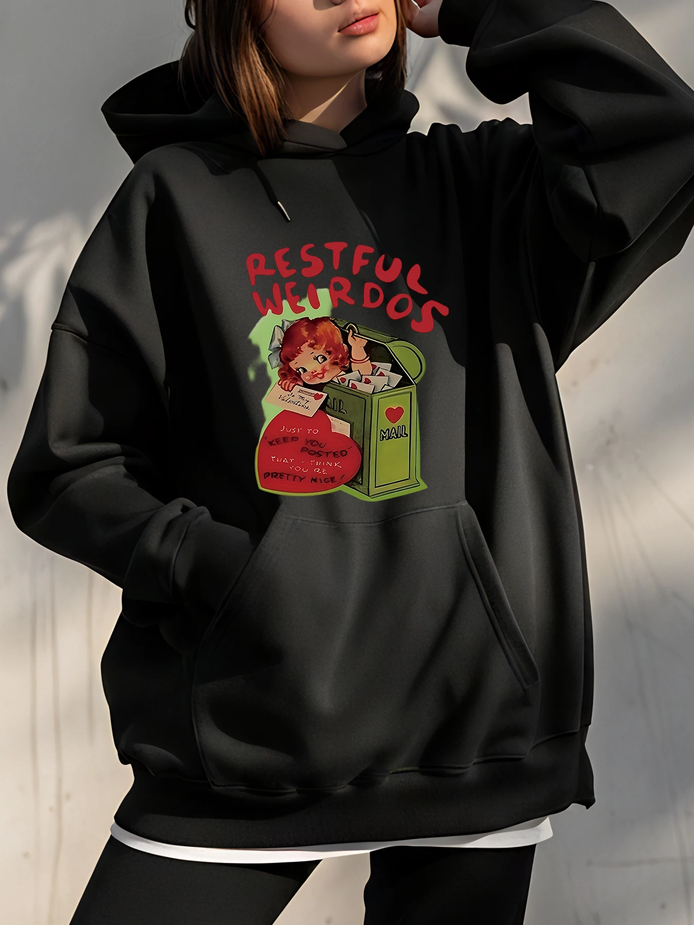 

Women's Black Hoodie Restful Weedos Vintage Pin-Up Graphic Sweatshirt Casual Streetwear Fashion for Women