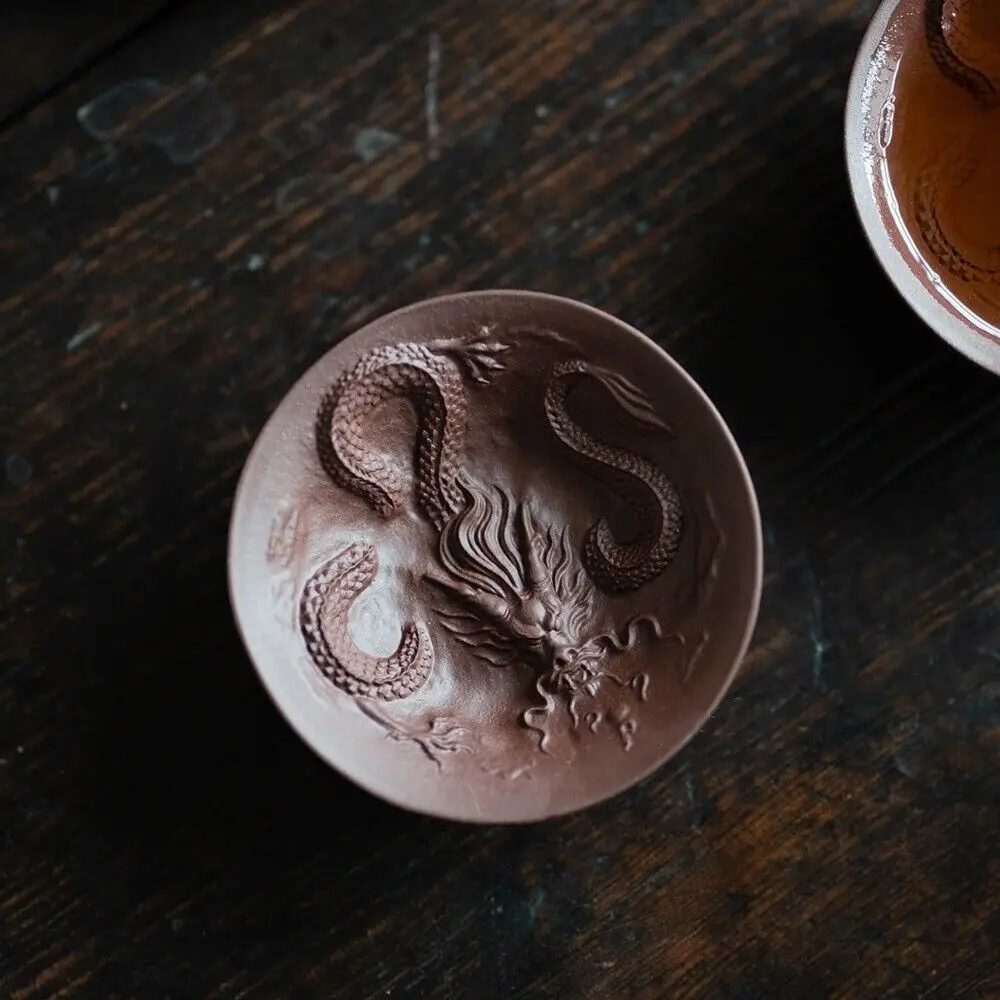 Handmade Tea Cup 60ml Dragon Carved Relief Master Cup Yixing Zisha Purple Clay