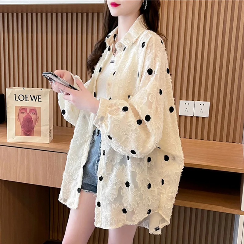 

Sunscreen Clothes Thin, Breathable Long Sleeved Large Summer Jacquard Polo Neck Shirt For Women