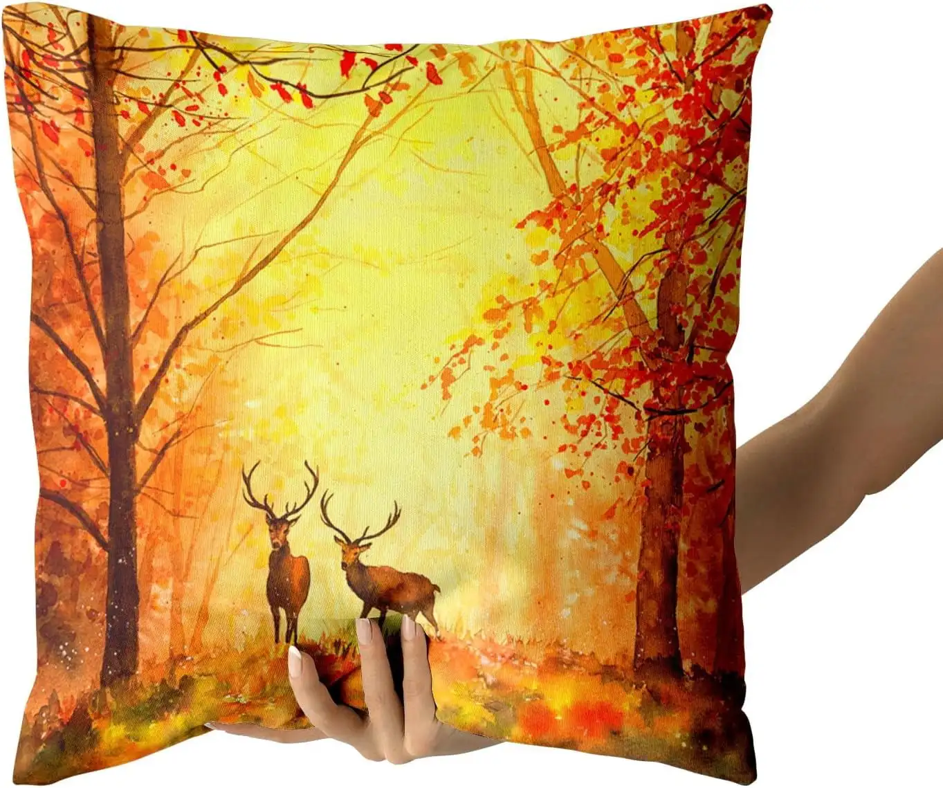 Golden Autumn Leaves Pillow Covers 20x20 Inch Set of 2, Wildlife Elk Deer Animal Throw Pillow Covers Square Cotton Fall Cushion