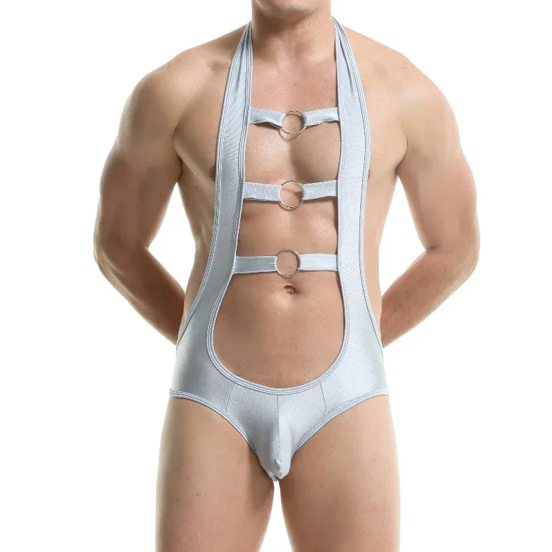 Body Sexy con trasero abierto para hombre, camiseta de lucha, mono con cuello Halter calado, ropa de dormir, suspensorio, peleles, ropa interior erótica Gay