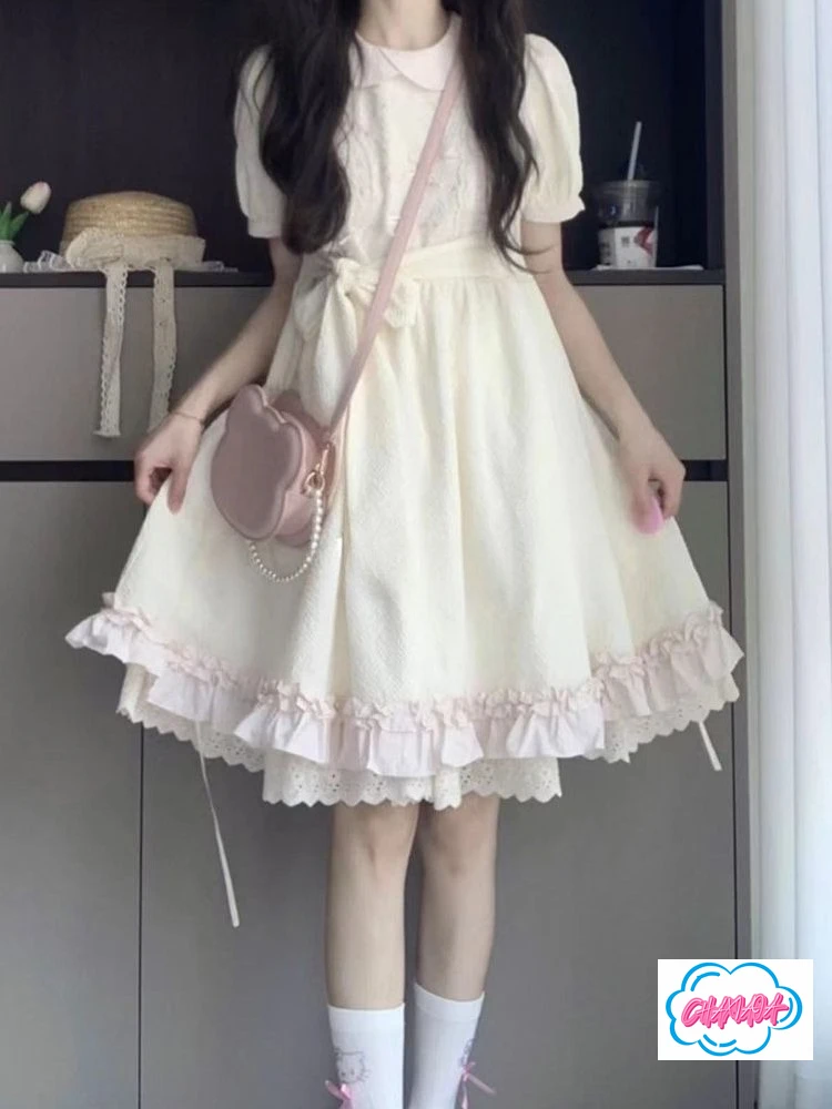 2025 verão doce estilo universitário arco cinta boneca colarinho lolita vestido feminino cintura e fina borda de folha de lótus fofo vestido de princesa