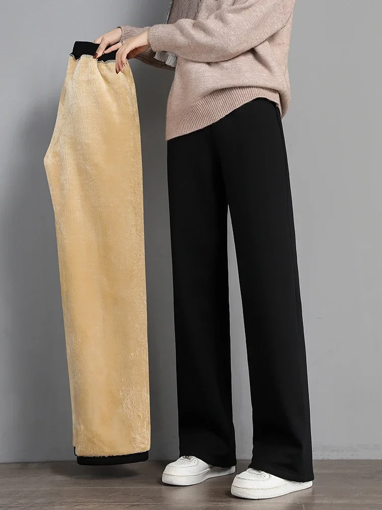 

Women Warm Winter Plush Thick Pants Lambskin Cashmere Trousers High Waist Cotton Fleece Loose Female Wide Leg Pants A243