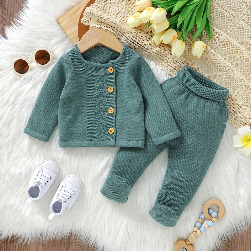 Baby Clothes Set Knit Fashion Solid Warm Infant Sweater Trousers Leggings Autumn Newborn Girl Boy Long Sleeve Pullover Pants 2PC