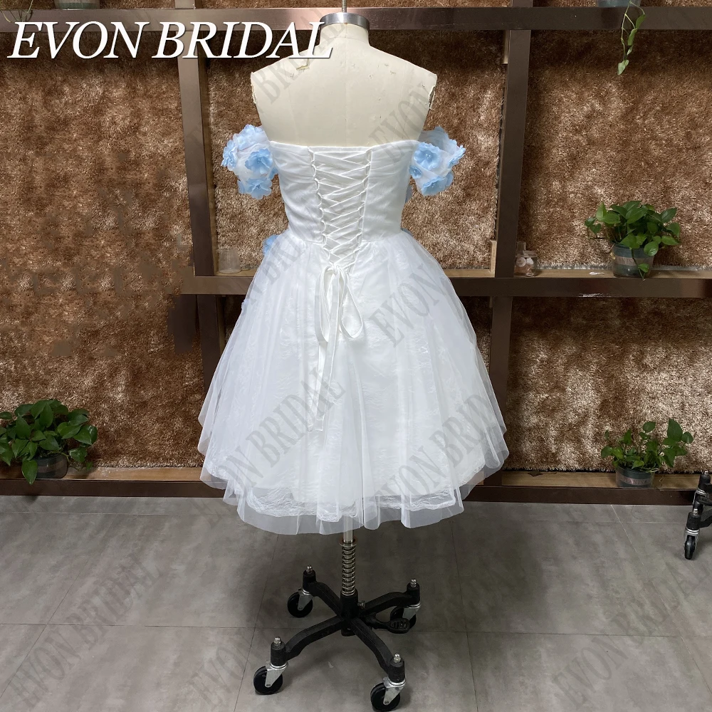 EVON BRIDAL Foto Reale 3D Fiori Prom Dress Sweetheart Off Shoulder Abiti da sera Tulle Mini A Line Vestido de baile Senza spalline Romantici Abiti del partito di laurea per le donne Corsetto Backless Custom Made 2024