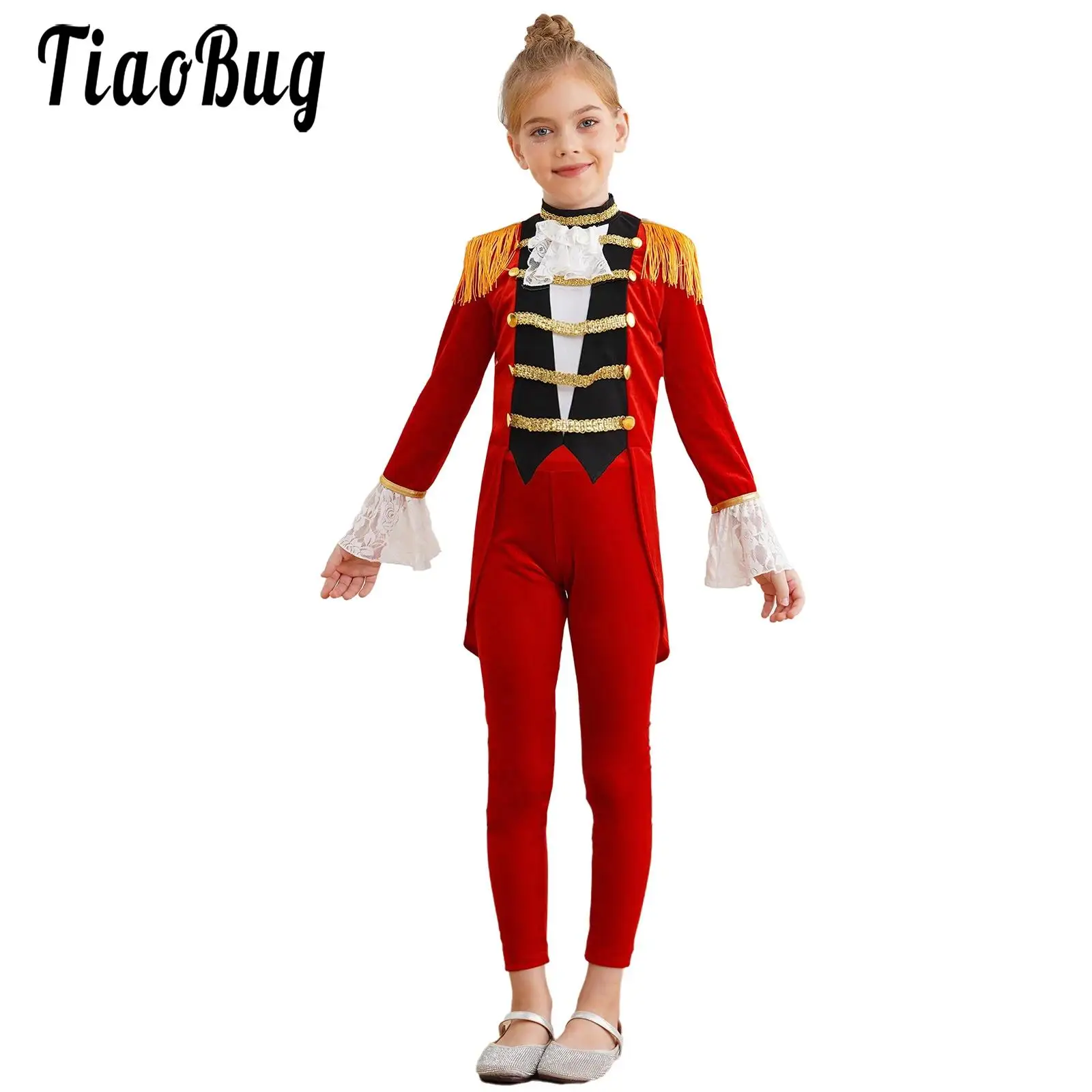 Girls Boys Halloween Circus Ringmaster Performance Costumes Lace Cuffs Long Sleeve Tailcoat and Pants Carnival Party Velvet Sets