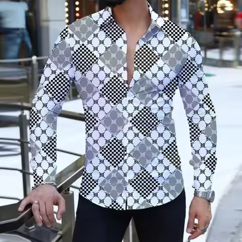 Square Grid Splicing Pattern 3D Prited Men's Shirt Long Sleeve Turn-Down Collar Button Open Shirt Casual Style Street Mens Wear