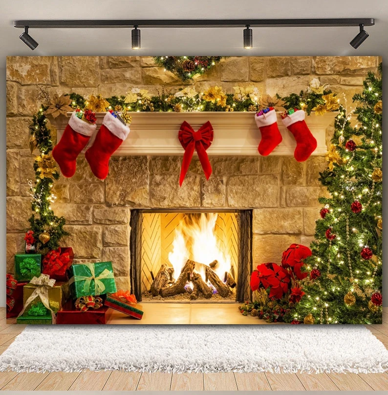 Merry Christmas Backdrop for Photography Fireplace Xmas Tree Gift Santa Claus Family Party Baby Portrait Background Photo Studio