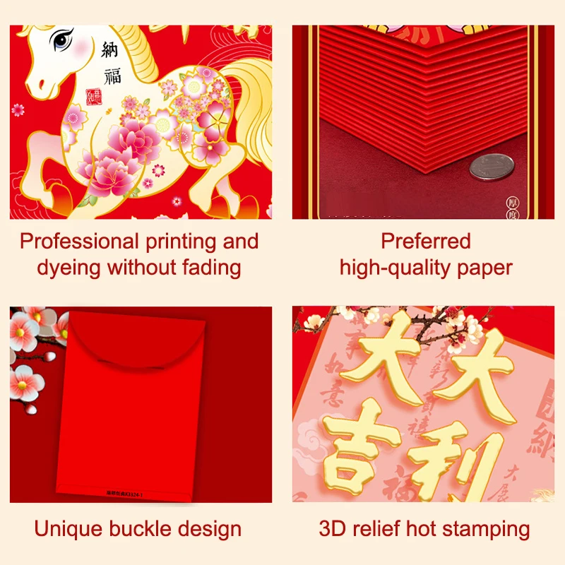 6Pcs 2026 Horse Year Red Envelope Lucky Red Pockets Spring Festival Money Envelope