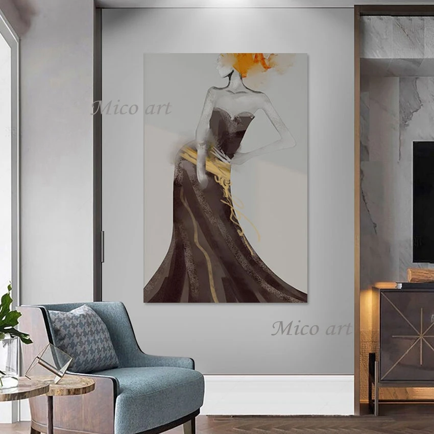 Modern Wear Black Dress Girls Picture, Handmade Oil Painting, Unframed Handmade Paintings, Canvas Artwork, Wall Decor