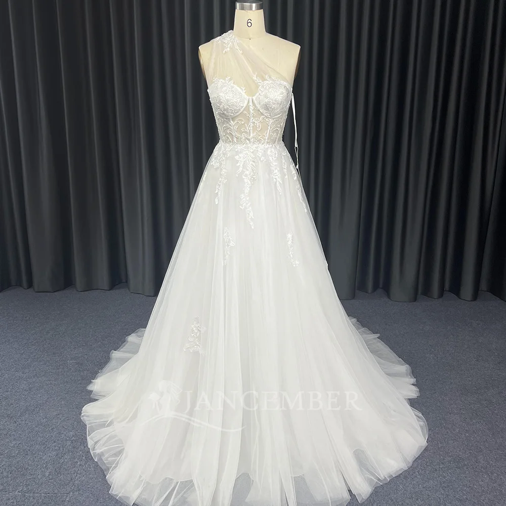 Chic Backless Lace One-Shoulder Wedding Dresses Sexy Strapless Scoop Neck Tulle Bridal Gowns Custom Made Hochzeitsklei HX102