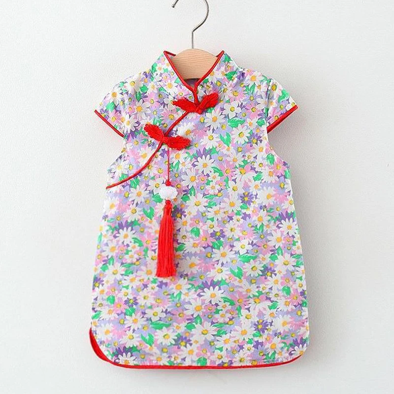 Mädchen kleid im chinesischen Stil Kind Cheong sam Blumen druck elegante Prinzessin Kleid Quaste Kleinkind Tang Kleidung Baby Mädchen Kleidung a1166