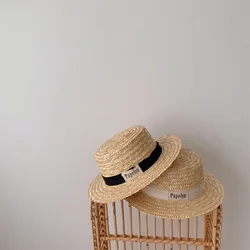 Sombrero de paja con protección solar para niño y niña, gorro de pescador con estampado de letras, sencillo, transpirable, para playa