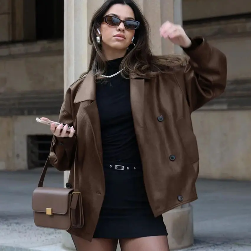 

WXOY Women Faux PU Leather Motorcycle Style Jacket Oversized Wide Lapel Modern Chic Autumn Winter Slim Fit Biker Outwear