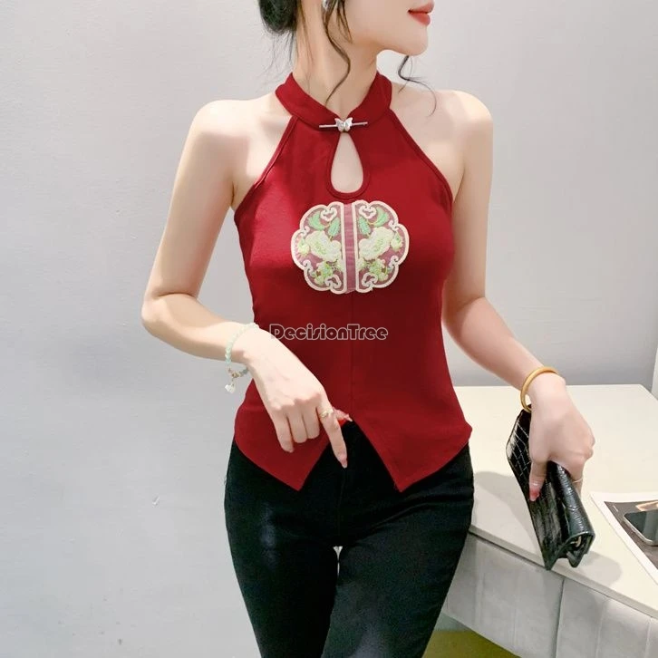 chinese retro style embroidery cheongsam halter top female summer fashion sexy Camisole tops buckle sleeveless short vest top