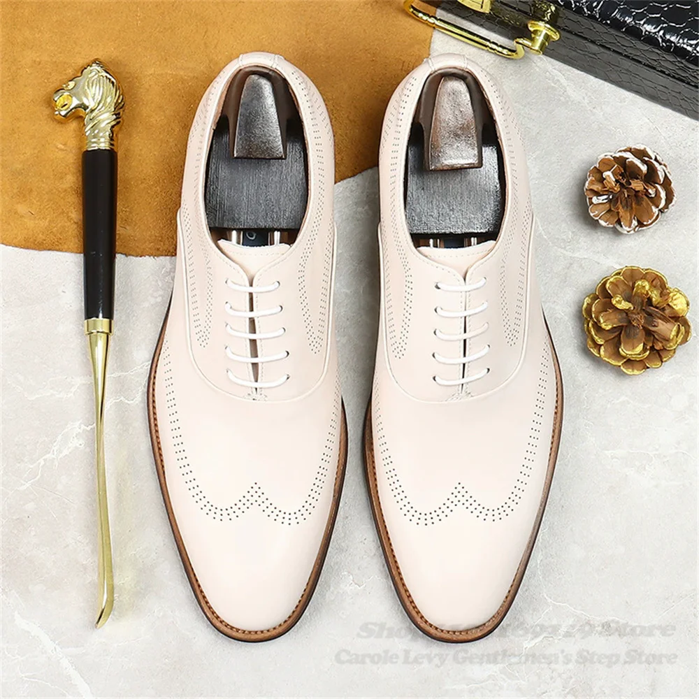 Men Genuine Leather Shoes Lace Up Korean Version Trendy White Cowhide Youth Light Colored Business Formal Dress Shoes