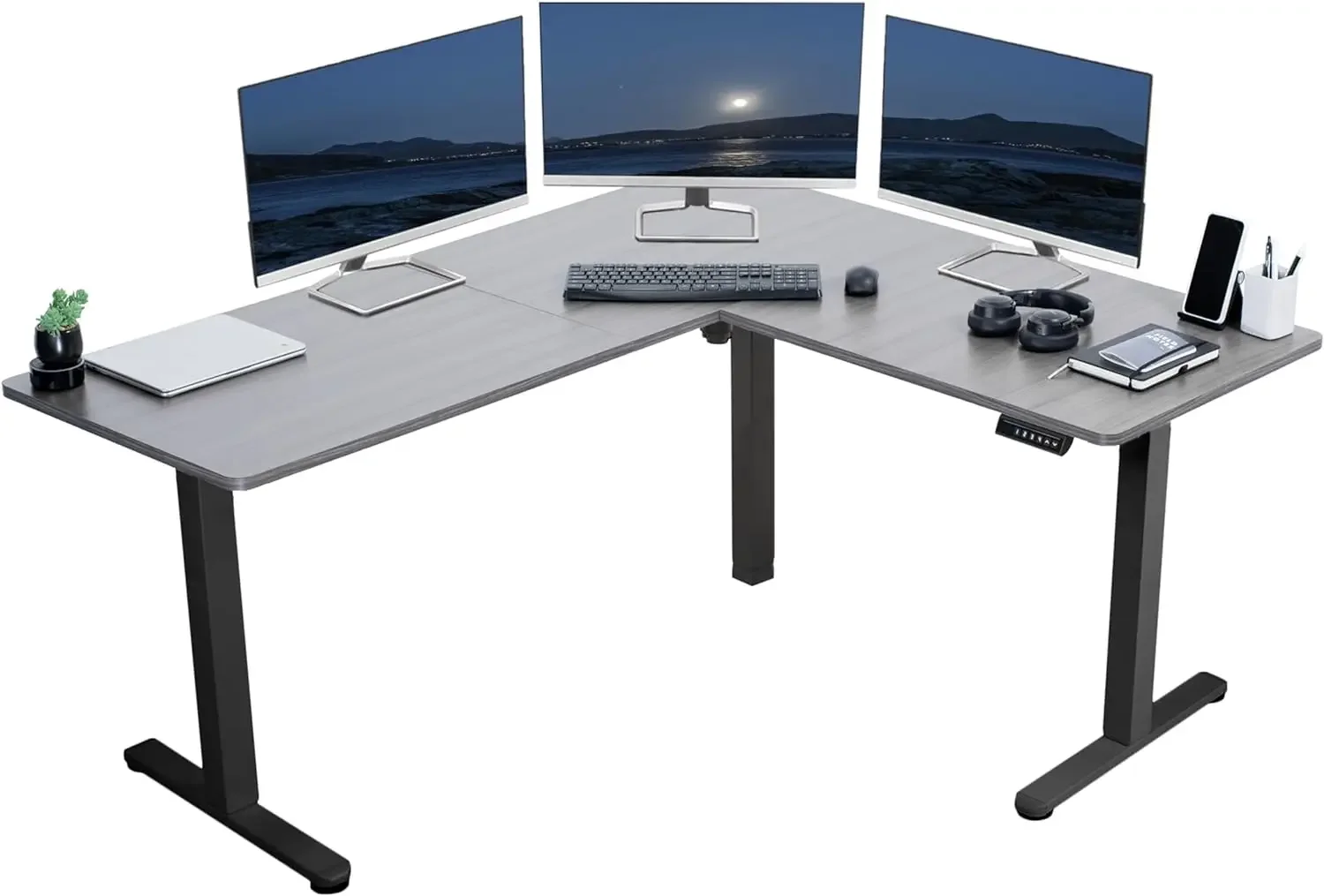 VIVO Electric Height Adjustable 63 x 55 inch Corner Stand Up Desk, Gray Table Top, Black Frame, L-Shaped Standing Workstation, 3