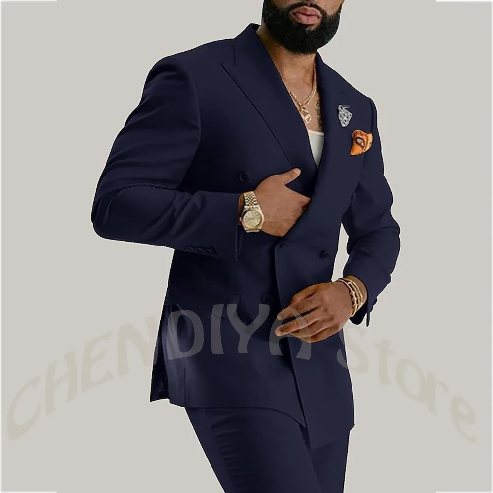 Navy Blue Double Breasted Men Suit Two Piece Peak Lapel Slim Fit Formal Tuxedo Back Slit Blazer Business Casual Male Clothing