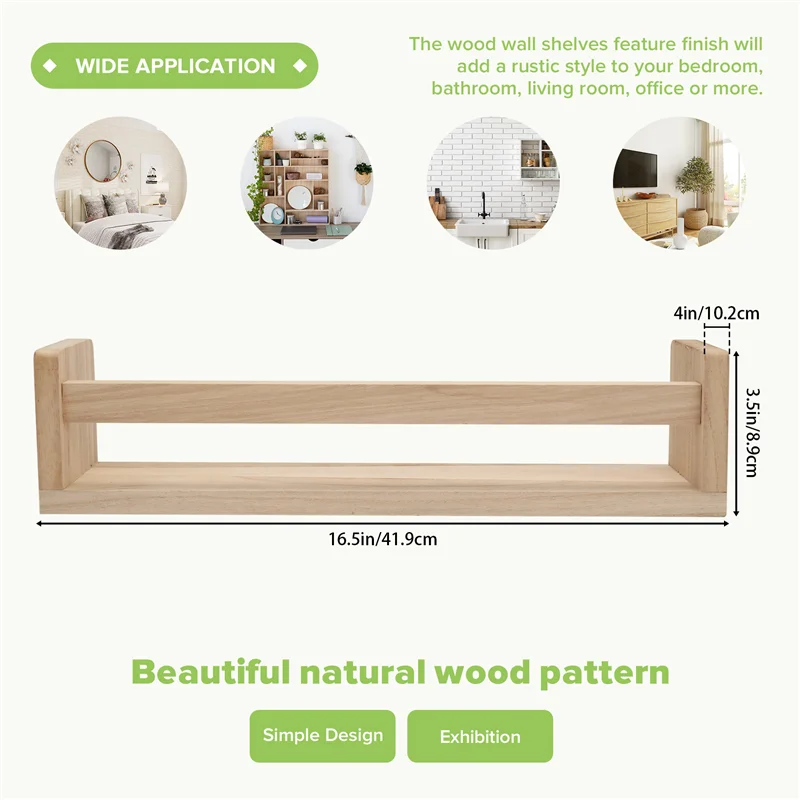 

P4-2Pcs Bookshelf,Natural Wood Floating Wall Bookshelf For Kids,Nursery Shelves For Wall,Bathroom Decor, Kitchen Spice Rack