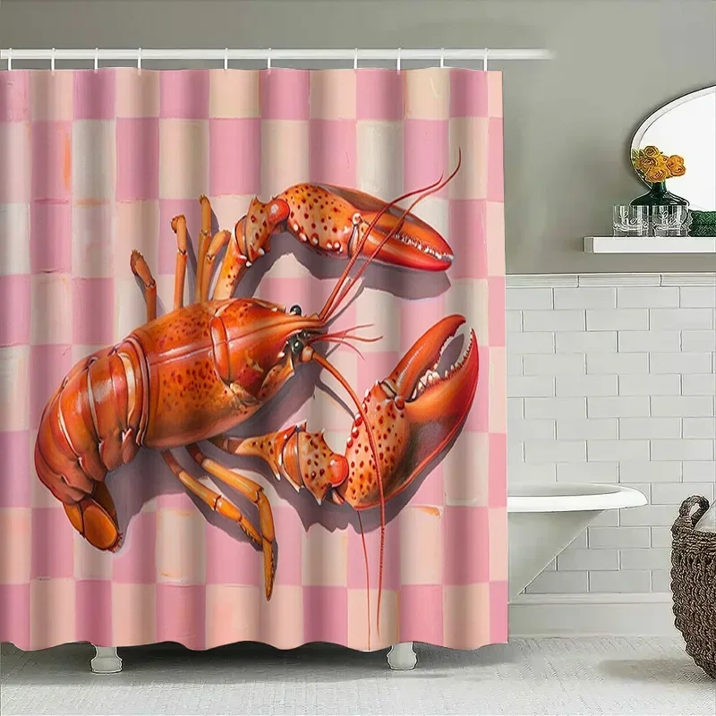 Printed Bath Curtains Pink Checkered Lobster Shower Curtain for Bathroom Decoration Waterproof Fabric Shower Panels