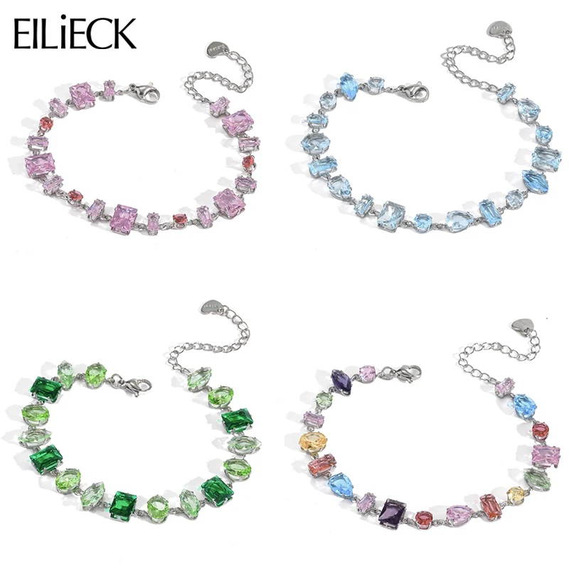 EILIECK Delicate Colorful Luxury Cubic Zirconia Chain Chic Bracelet Bangle Women Stainless Steel Wrist Jewelry Waterproof Gift