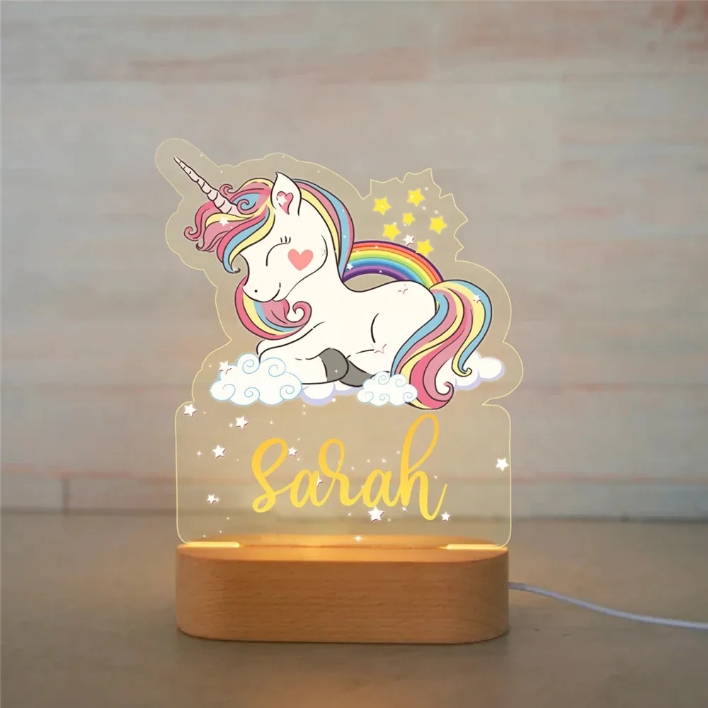 Personalized Rainbow Unicorn LED USB 7 Colors Night Light Custom Name Acrylic Lamp Wood Base For Baby Kid Children Bedroom Decor