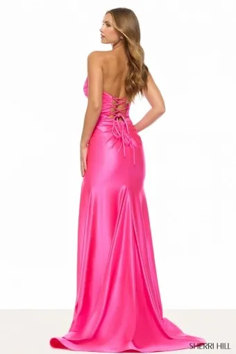 Hot Pink Strapless Satin Mermaid Prom Dress Twist Front Keyhole High Slit Lace Up Back Long Formal Evening Gown