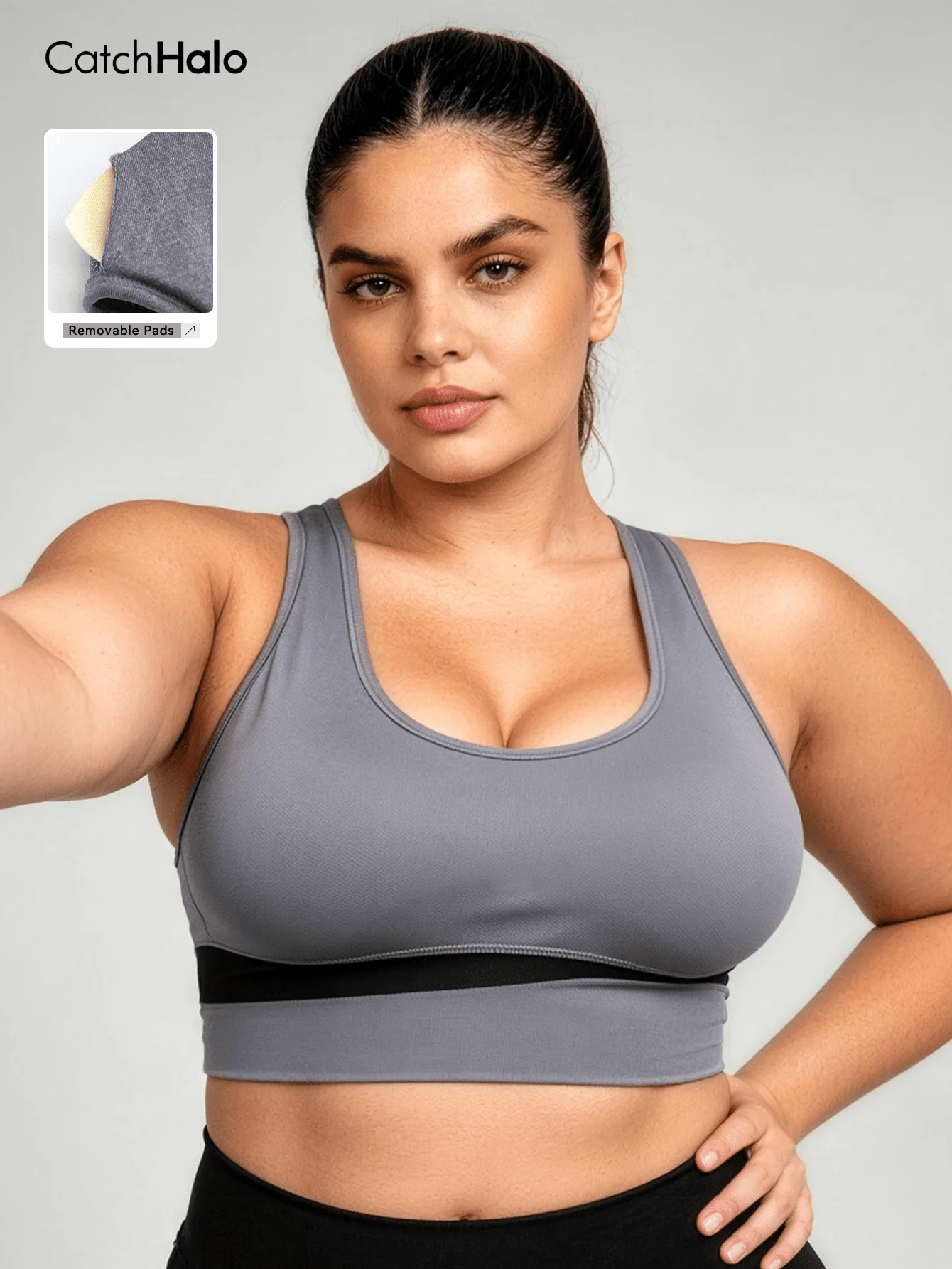 Plus size short seamless ribbed racerback sports bra for Pilates, everyday wear, and gym workouts